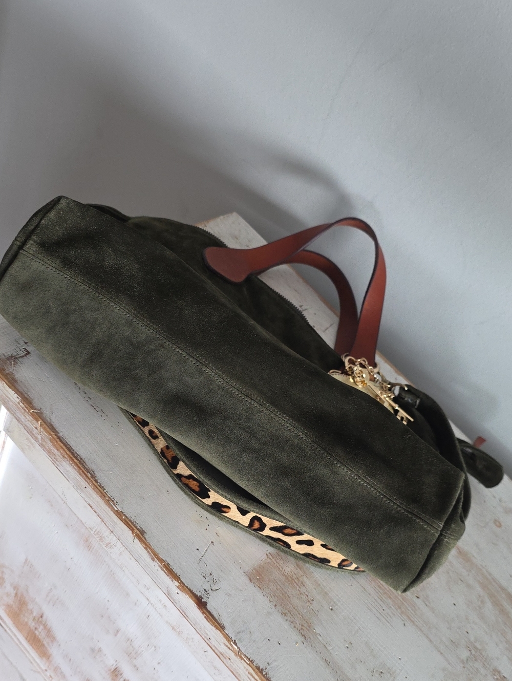 Dark Olive Green Suede Tote Bag - Picture 10 of 16